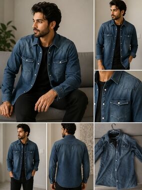 Men's Dark Blue Denim Shirt Jacket - Casual Western Style